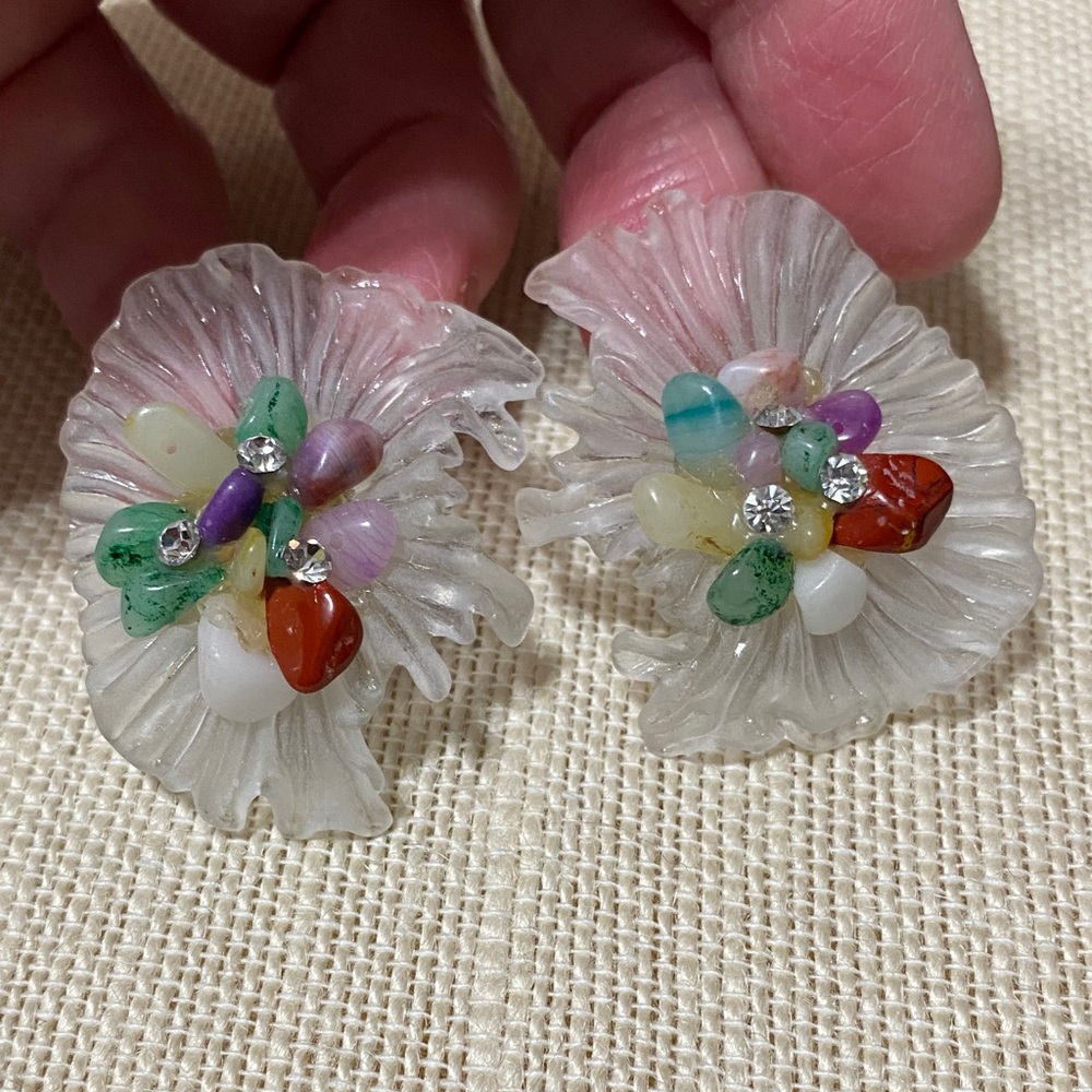 Vintage natural gemstone chip Clip-On Earrings - Picture 7 of 12